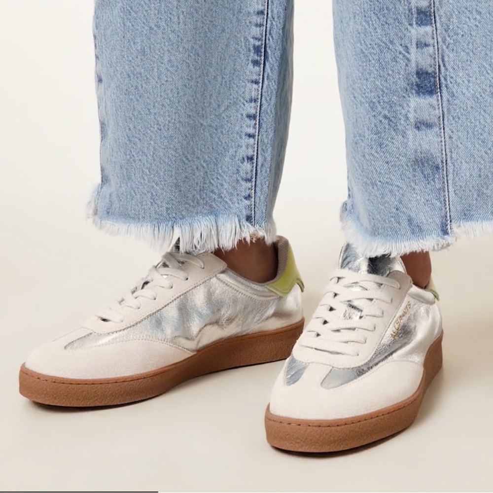 AllSaints Silver White Sneakers with Brown Sole and Lime Heel